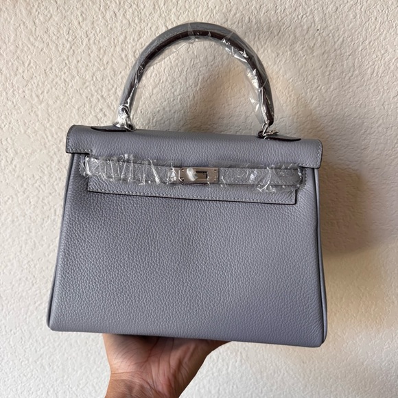None Handbags - LEATHER INSIDE & OUT | Light Blue Gray 25 KL Belted Satchel Bag Top Handle S17